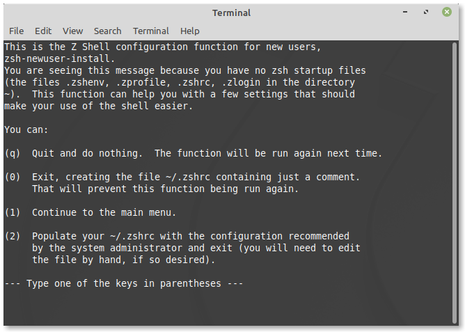 Zsh first run menu