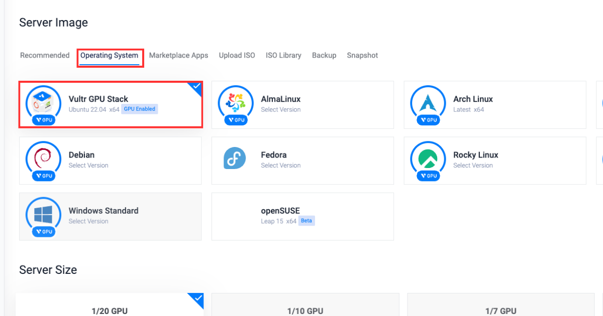 Image of the Vultr customer portal operating system selection menu to deploy GPU Stack