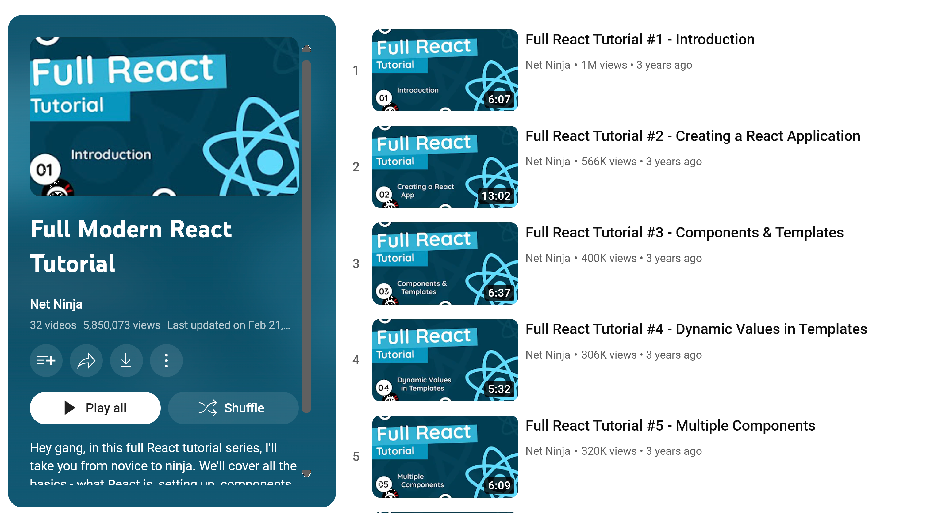 Full Modern React Tutorial on YouTube by Net Ninja