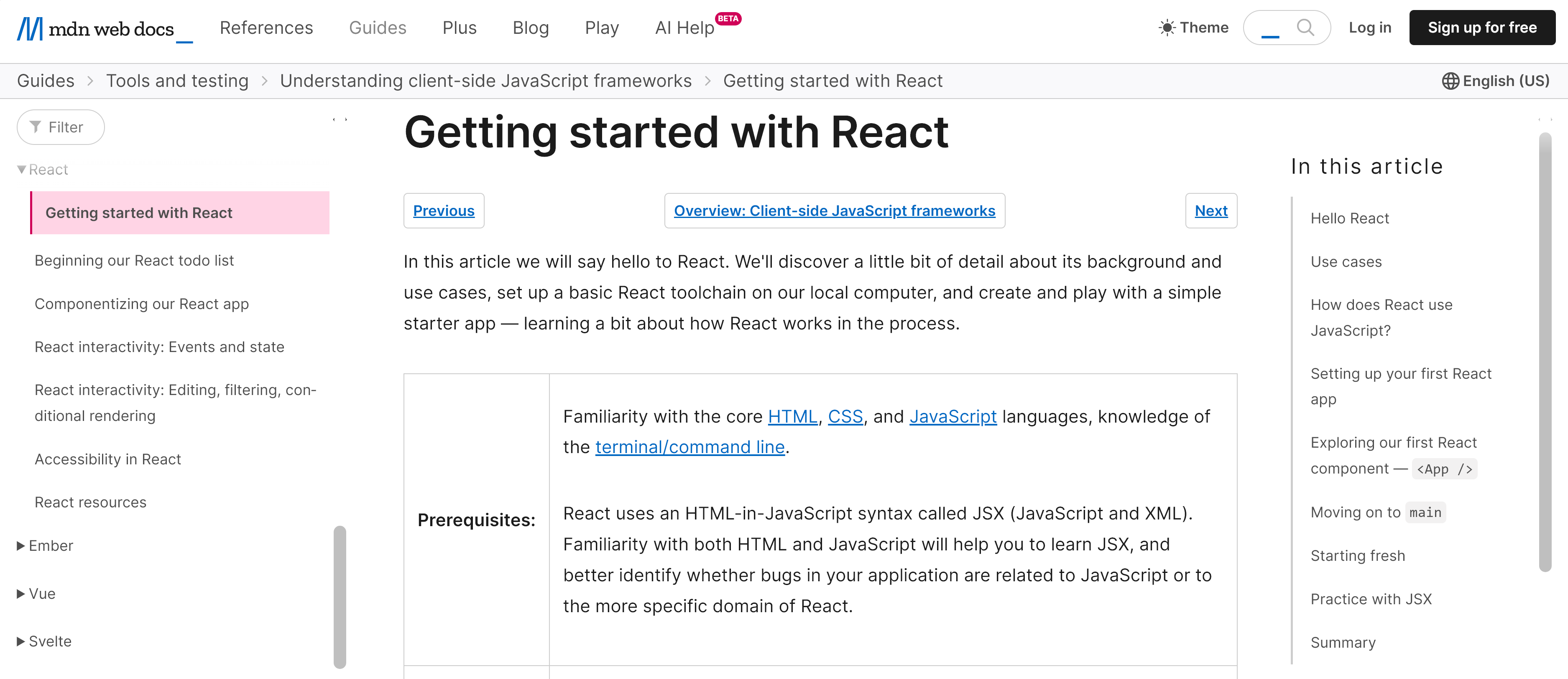 MDN web docs for learning React