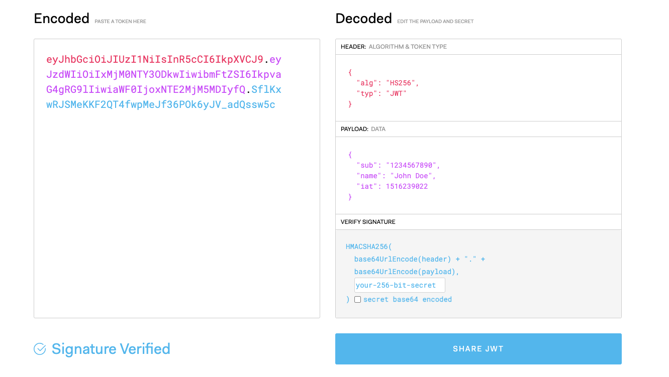 Image showing encoded and decoded versions of a JWT