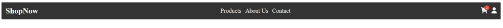 A mockup of our navbar. It has white text on a black background, with "ShopNpow" on the left, "Products About Us Contact" in the middle, and shopping cart and user icons on the right