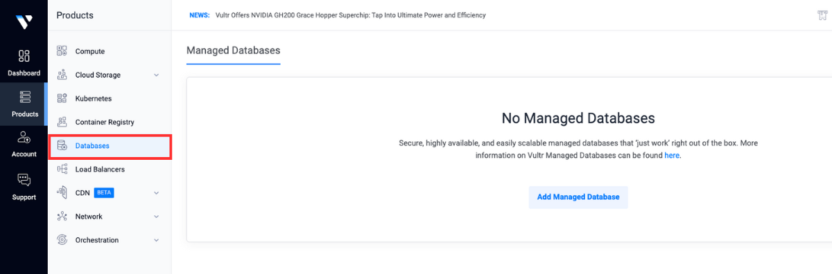 Vultr Database products menu button